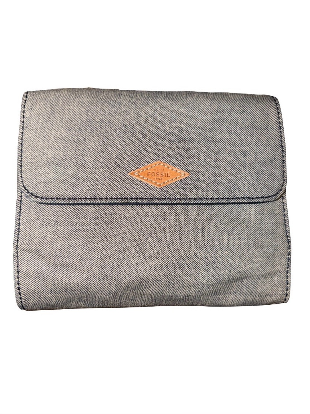 Fossil Gray Denim Fold-Over Clutch with Tan Leather Logo 7.5” x 6.5”